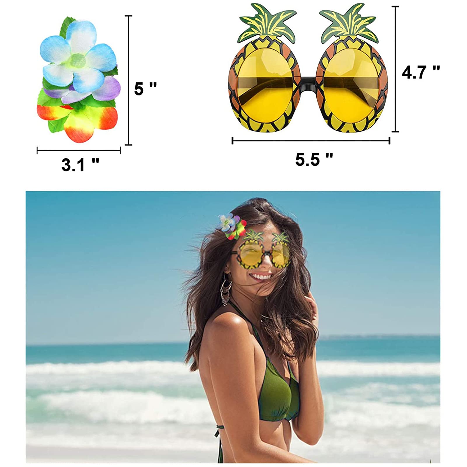PHOGARY 8-Piece Hula Skirt Costume Kit with Flower Bikini Top, Lei, and Sunglasses for Luau Party