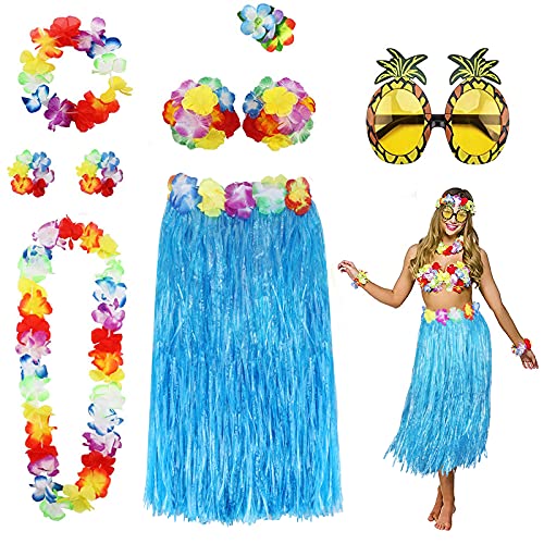 PHOGARY 8-Piece Hula Skirt Costume Kit with Flower Bikini Top, Lei, and Sunglasses for Luau Party