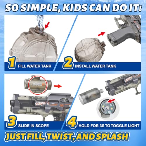 PhotonSplash Electric Water Gun – Rechargeable LED Blaster with 26-Foot Range, 325ml Tank, Gray