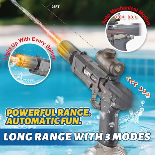 PhotonSplash Electric Water Gun – Rechargeable LED Blaster with 26-Foot Range, 325ml Tank, Gray