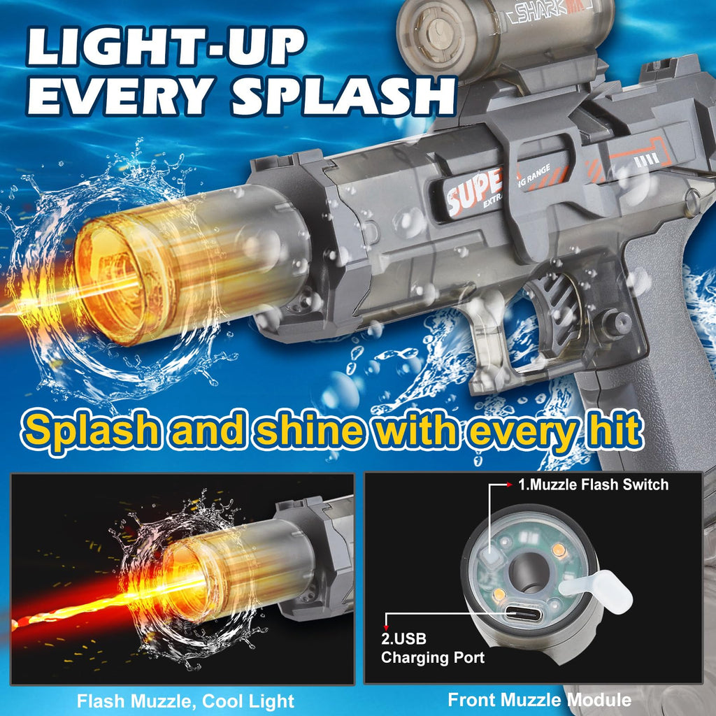 PhotonSplash Electric Water Gun – Rechargeable LED Blaster with 26-Foot Range, 325ml Tank, Gray