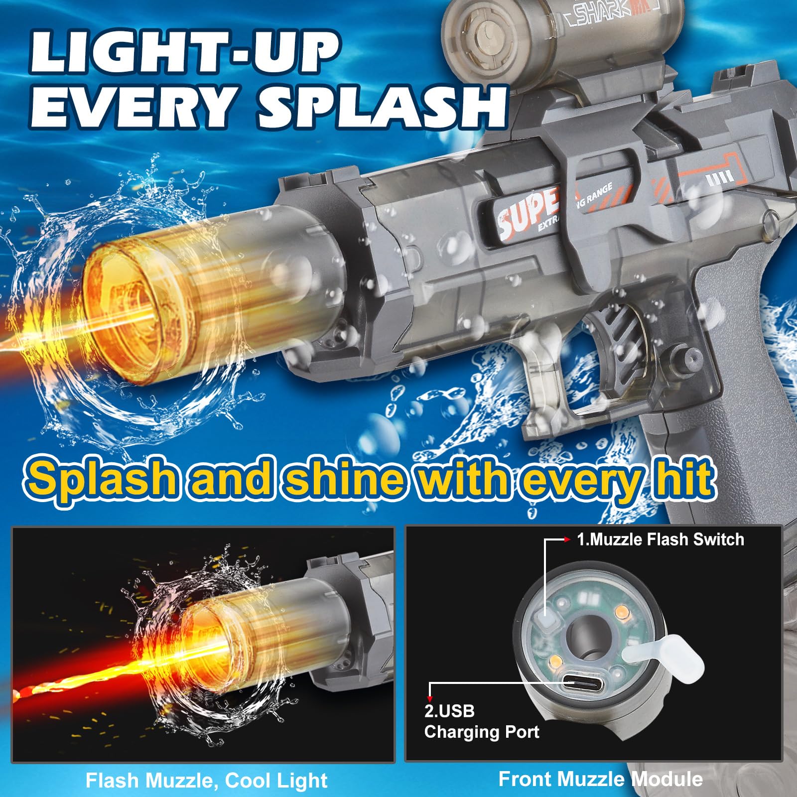 PhotonSplash Electric Water Gun – Rechargeable LED Blaster with 26-Foot Range, 325ml Tank, Gray