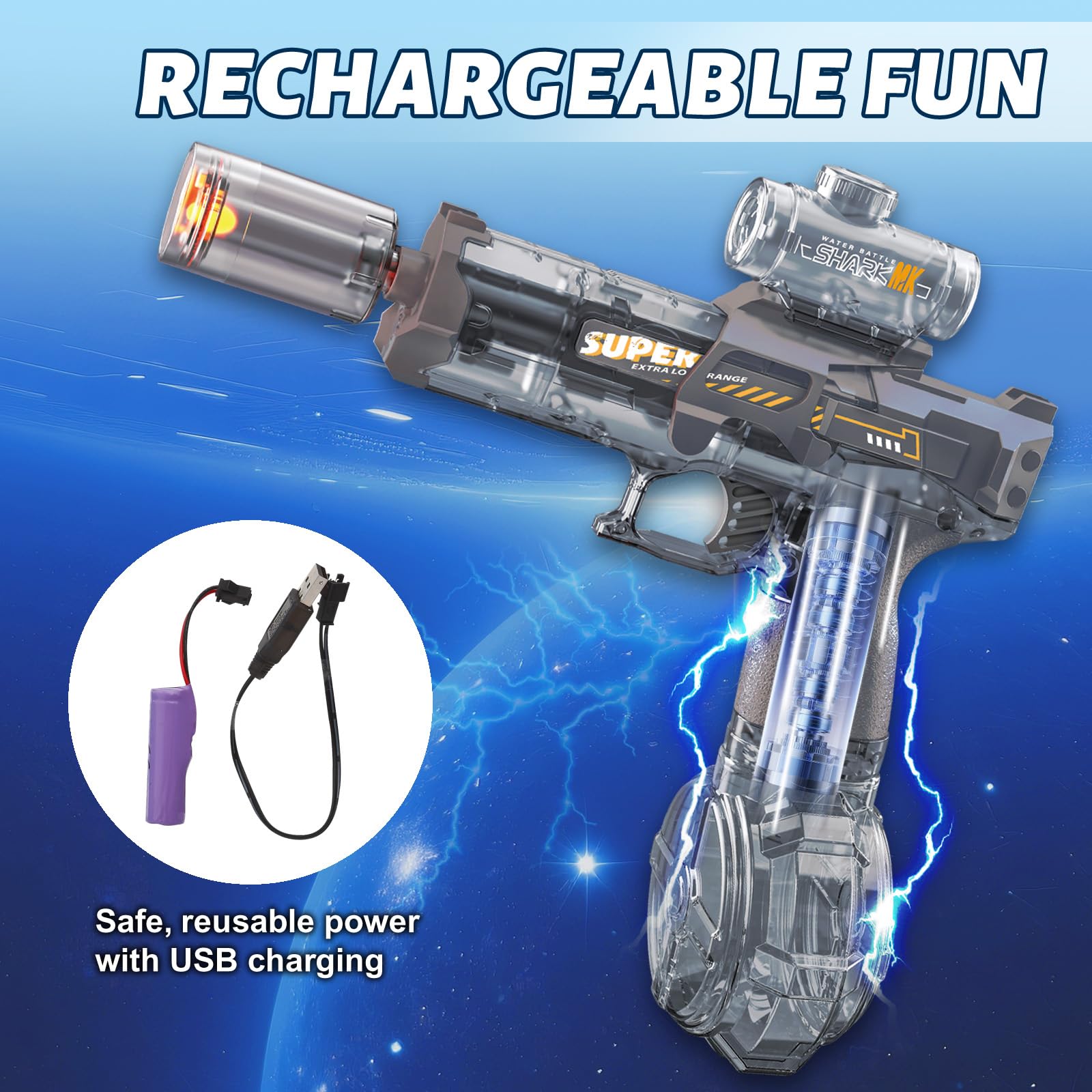PhotonSplash Electric Water Gun – Rechargeable LED Blaster with 26-Foot Range, 325ml Tank, Gray