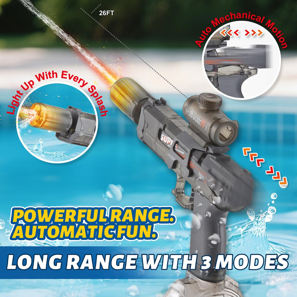 PhotonSplash Electric Water Gun – Rechargeable LED Blaster with 26-Foot Range, 325ml Tank, Gray
