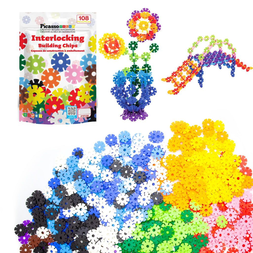 PicassoTiles 108-Piece Building Chips Interlocking Disc Blocks STEM Toy for Ages 3+ (PTF108)