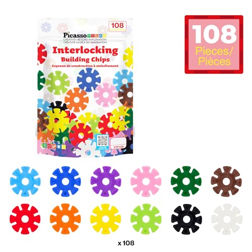 PicassoTiles 108-Piece Building Chips Interlocking Disc Blocks STEM Toy for Ages 3+ (PTF108)