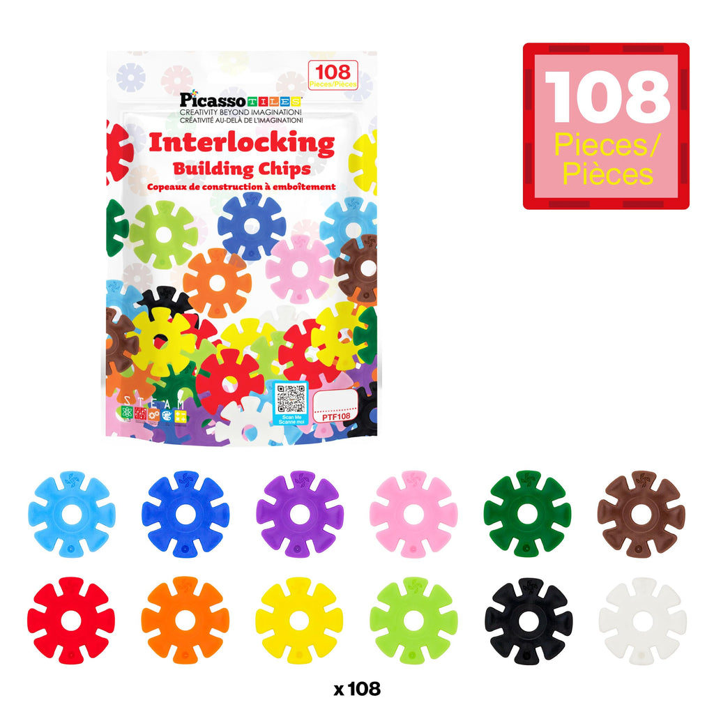 PicassoTiles 108-Piece Building Chips Interlocking Disc Blocks STEM Toy for Ages 3+ (PTF108)