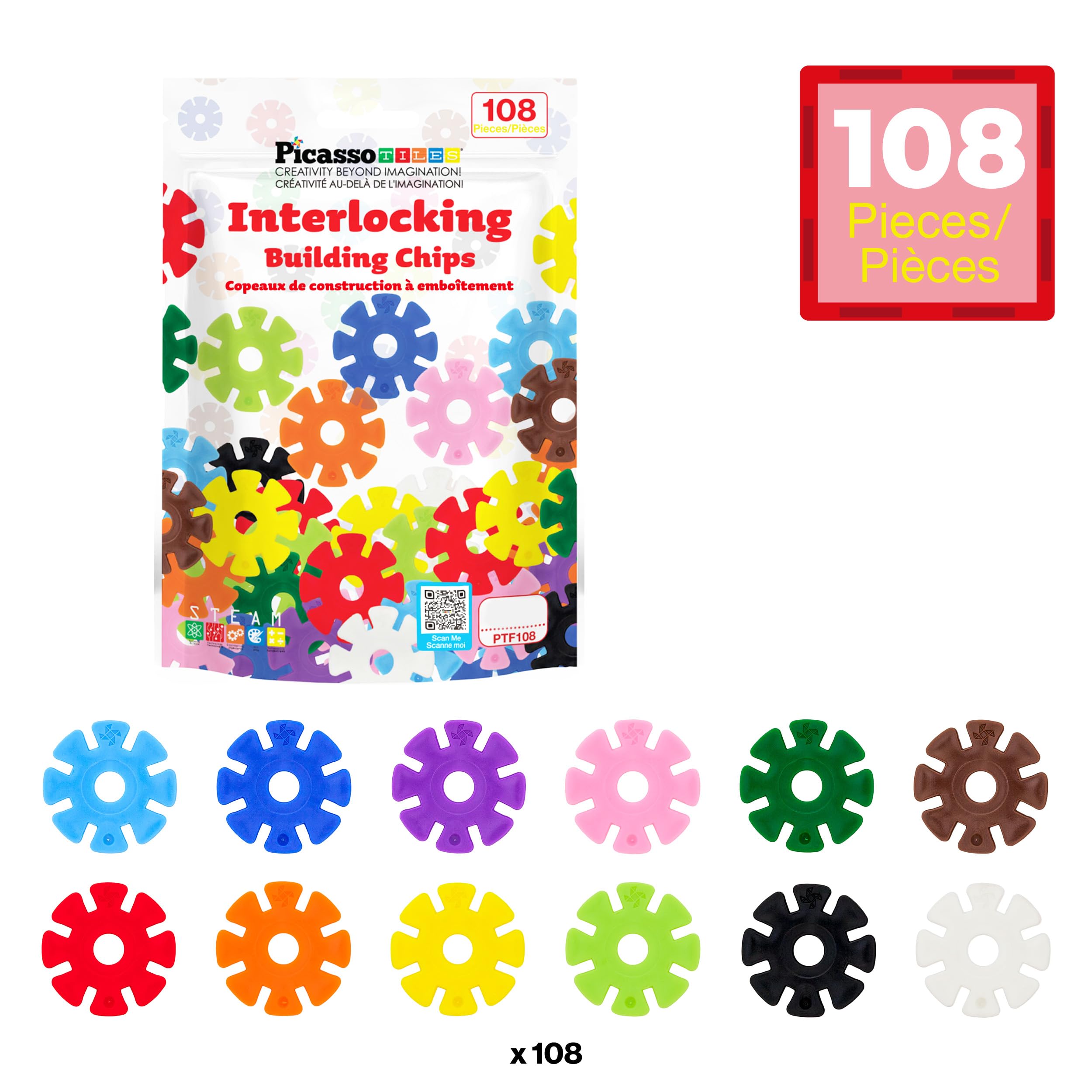 PicassoTiles 108-Piece Building Chips Interlocking Disc Blocks STEM Toy for Ages 3+ (PTF108)