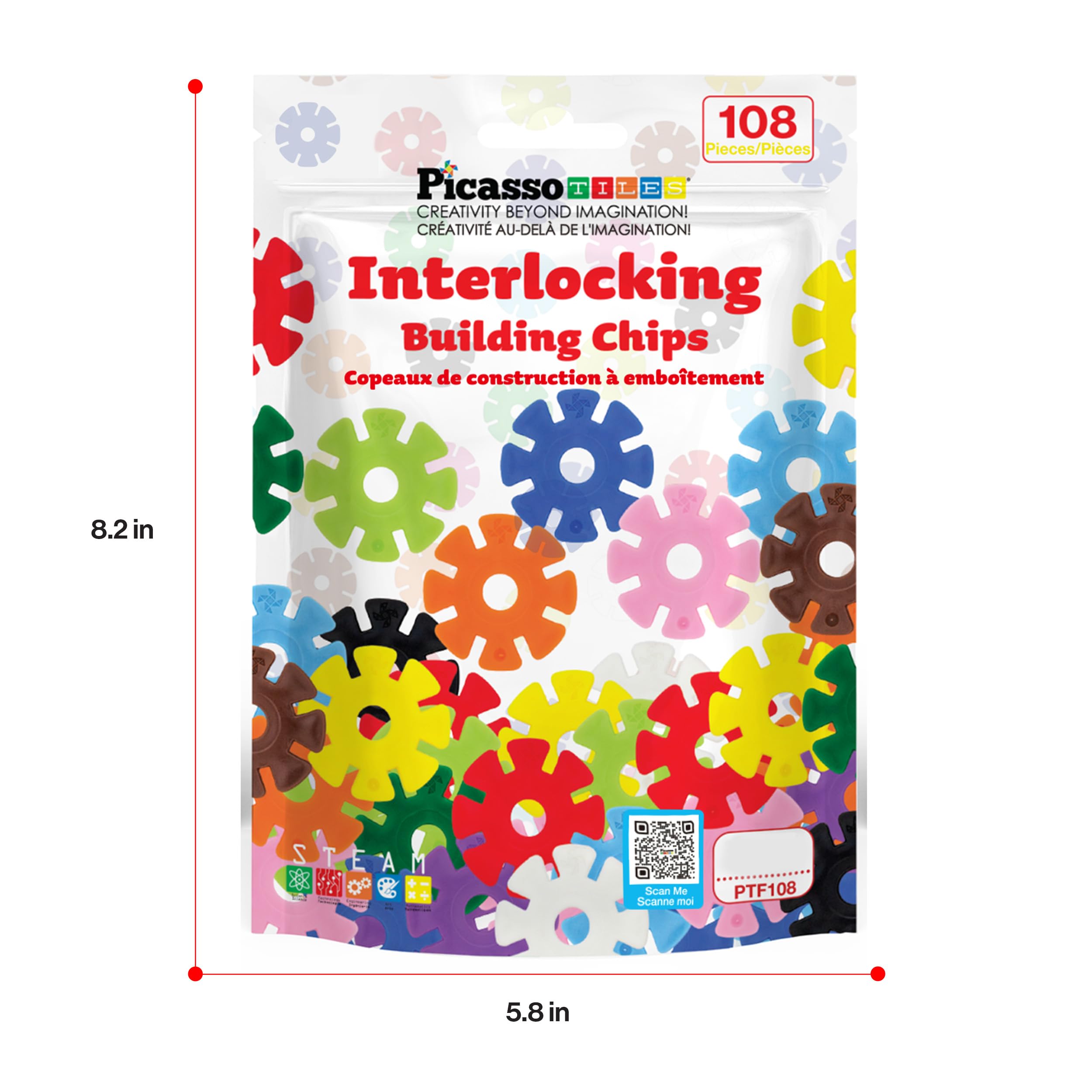 PicassoTiles 108-Piece Building Chips Interlocking Disc Blocks STEM Toy for Ages 3+ (PTF108)