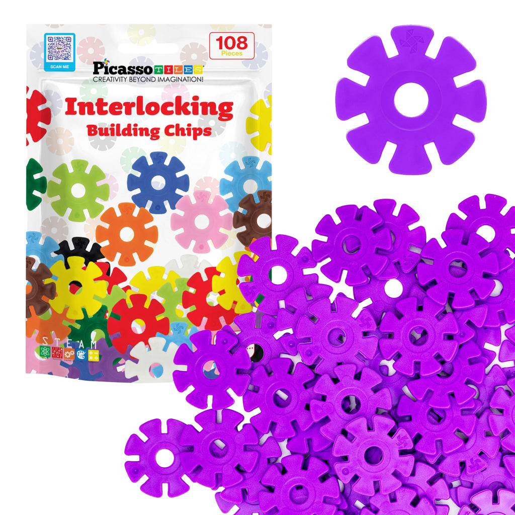 PicassoTiles 108-Piece Purple Interlocking Disc Building Blocks - STEM Learning Toy for Ages 3+