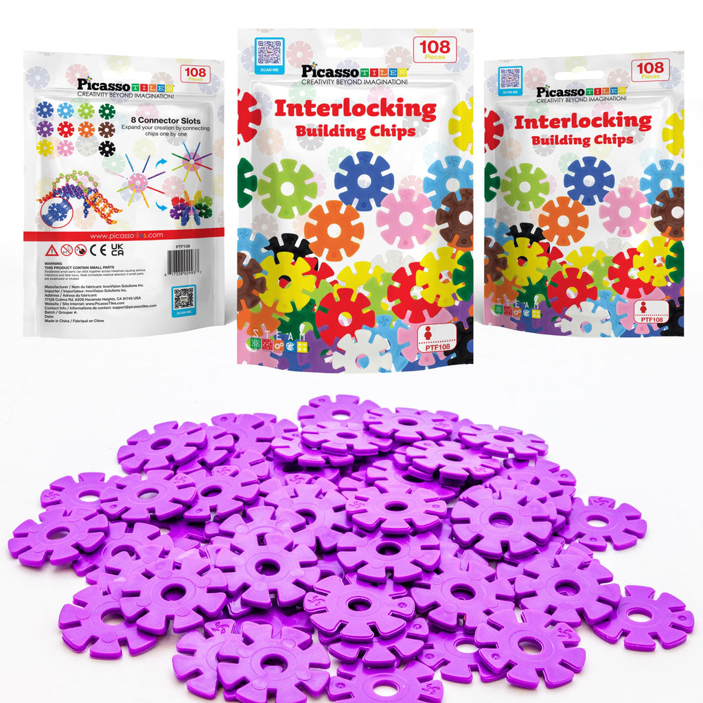 PicassoTiles 108-Piece Purple Interlocking Disc Building Blocks - STEM Learning Toy for Ages 3+