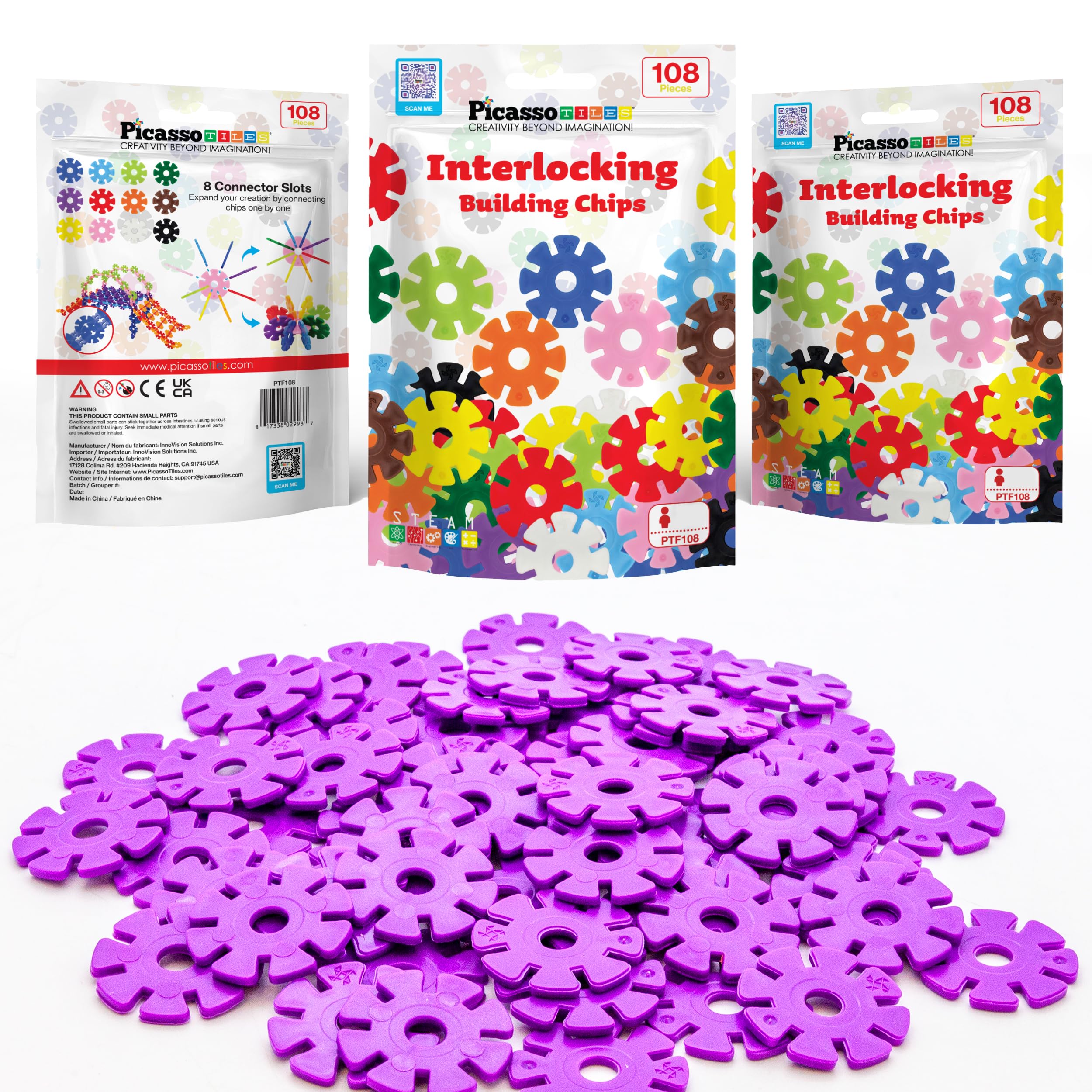 PicassoTiles 108-Piece Purple Interlocking Disc Building Blocks - STEM Learning Toy for Ages 3+