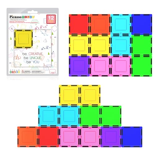 PicassoTiles 12-Piece Square Magnetic Tile Expansion Pack for Creative Building & STEM Play
