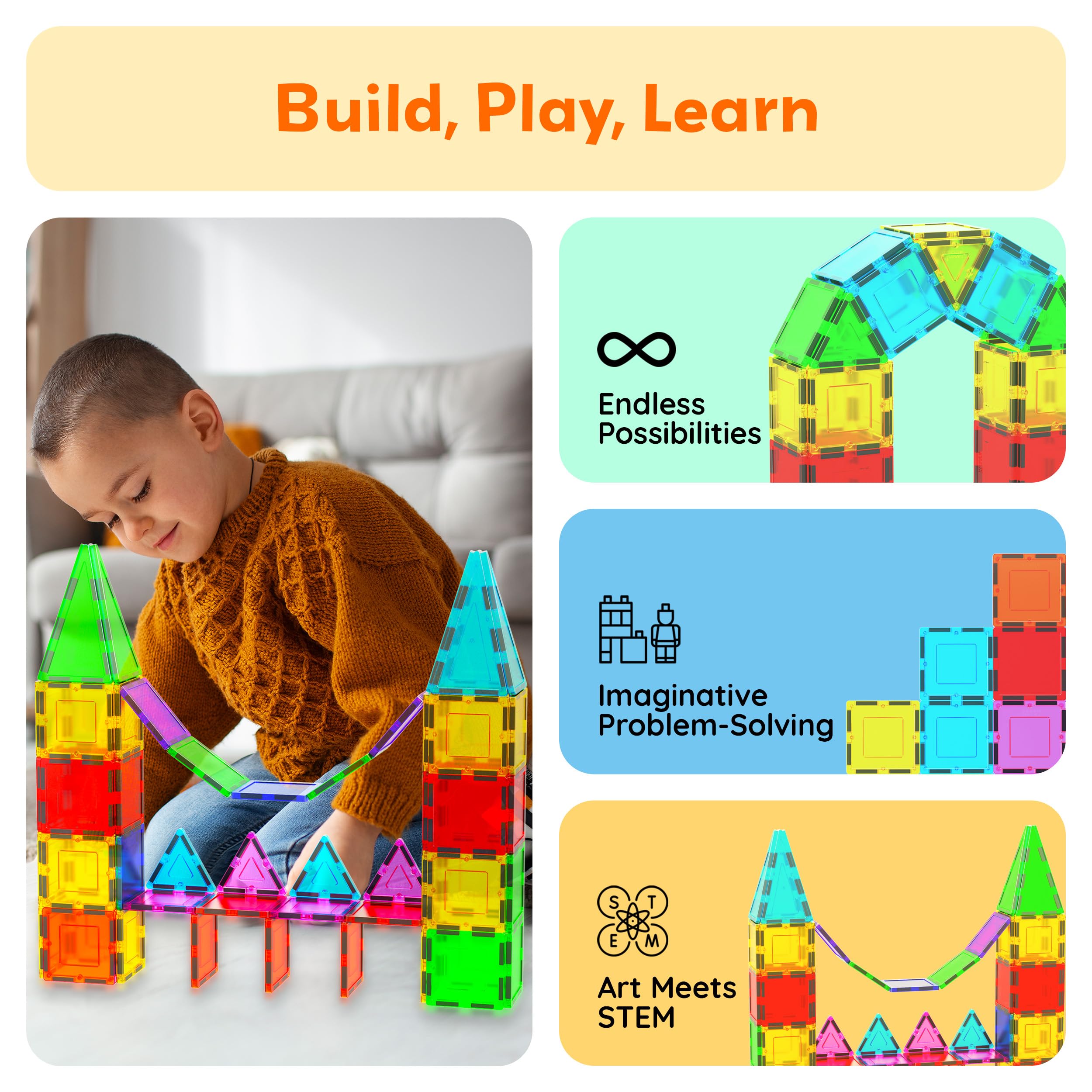 PicassoTiles 12-Piece Square Magnetic Tile Expansion Pack for Creative Building & STEM Play