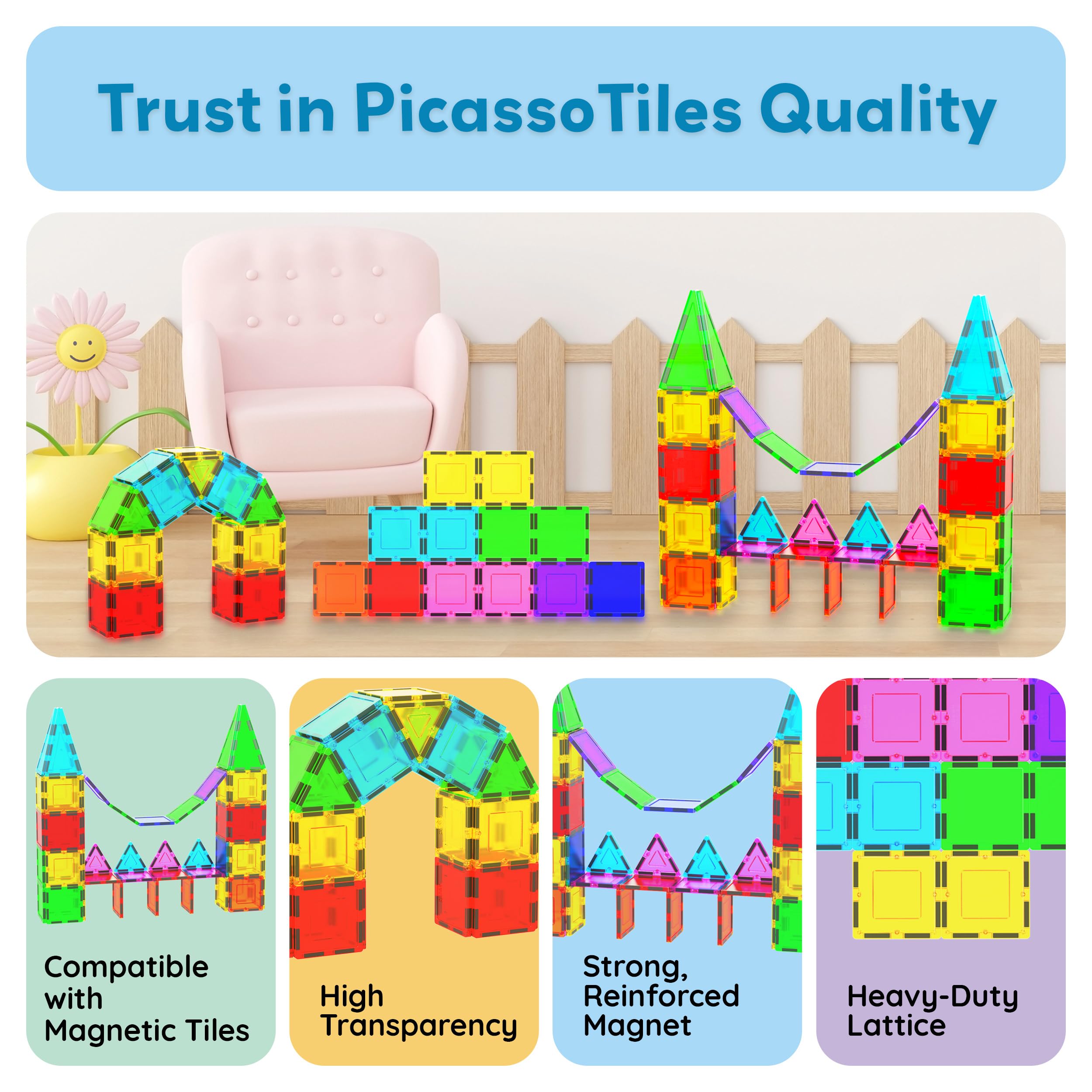 PicassoTiles 12-Piece Square Magnetic Tile Expansion Pack for Creative Building & STEM Play