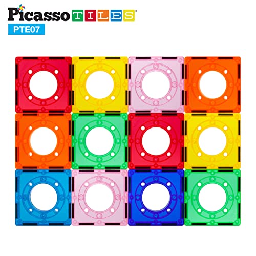 PicassoTiles 12-Piece Square Magnetic Tiles Expansion Pack for Marble Run and Building Blocks