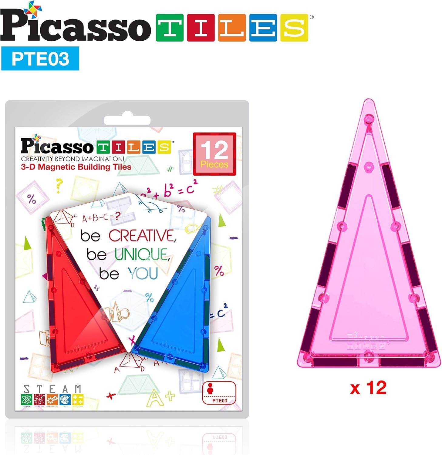 PicassoTiles 12-Piece Tall Triangle Magnetic Tile Expansion Pack (PTE03) – Build Higher with Isosceles Triangle Magnets