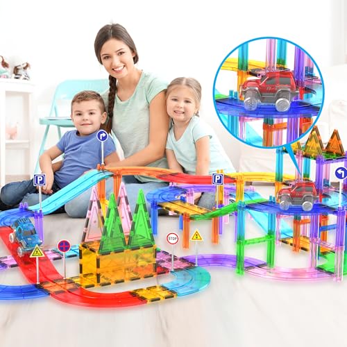 PicassoTiles 2-Pack Magnetic Toy Cars with LED Lights – Compatible with Magnet Race Track Sets, STEM Building Toy for Kids Ages 3+
