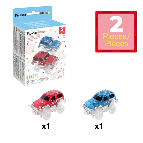 PicassoTiles 2-Pack Magnetic Toy Cars with LED Lights – Compatible with Magnet Race Track Sets, STEM Building Toy for Kids Ages 3+