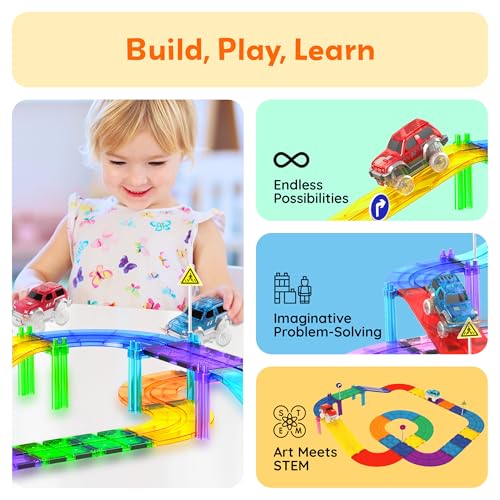 PicassoTiles 2-Pack Magnetic Toy Cars with LED Lights – Compatible with Magnet Race Track Sets, STEM Building Toy for Kids Ages 3+