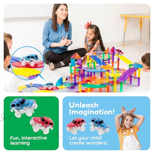 PicassoTiles 2-Pack Magnetic Toy Cars with LED Lights – Compatible with Magnet Race Track Sets, STEM Building Toy for Kids Ages 3+