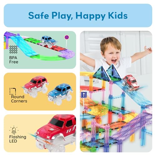 PicassoTiles 2-Pack Magnetic Toy Cars with LED Lights – Compatible with Magnet Race Track Sets, STEM Building Toy for Kids Ages 3+