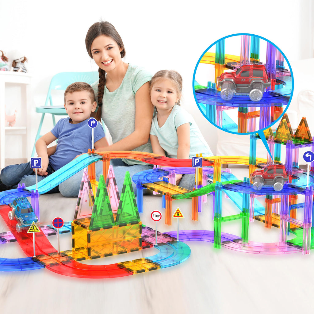 PicassoTiles 2-Pack Magnetic Toy Cars with LED Lights – Compatible with Magnet Race Track Sets, STEM Building Toy for Kids Ages 3+