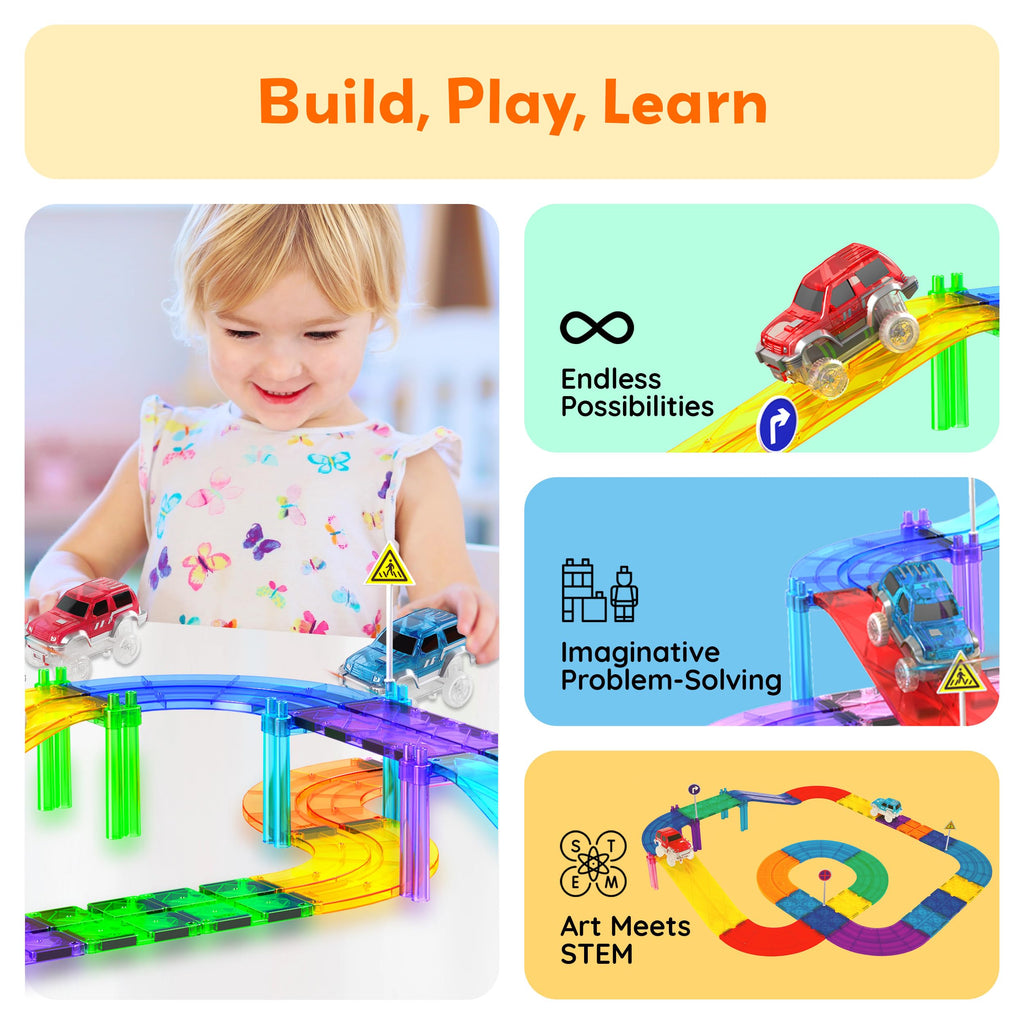 PicassoTiles 2-Pack Magnetic Toy Cars with LED Lights – Compatible with Magnet Race Track Sets, STEM Building Toy for Kids Ages 3+