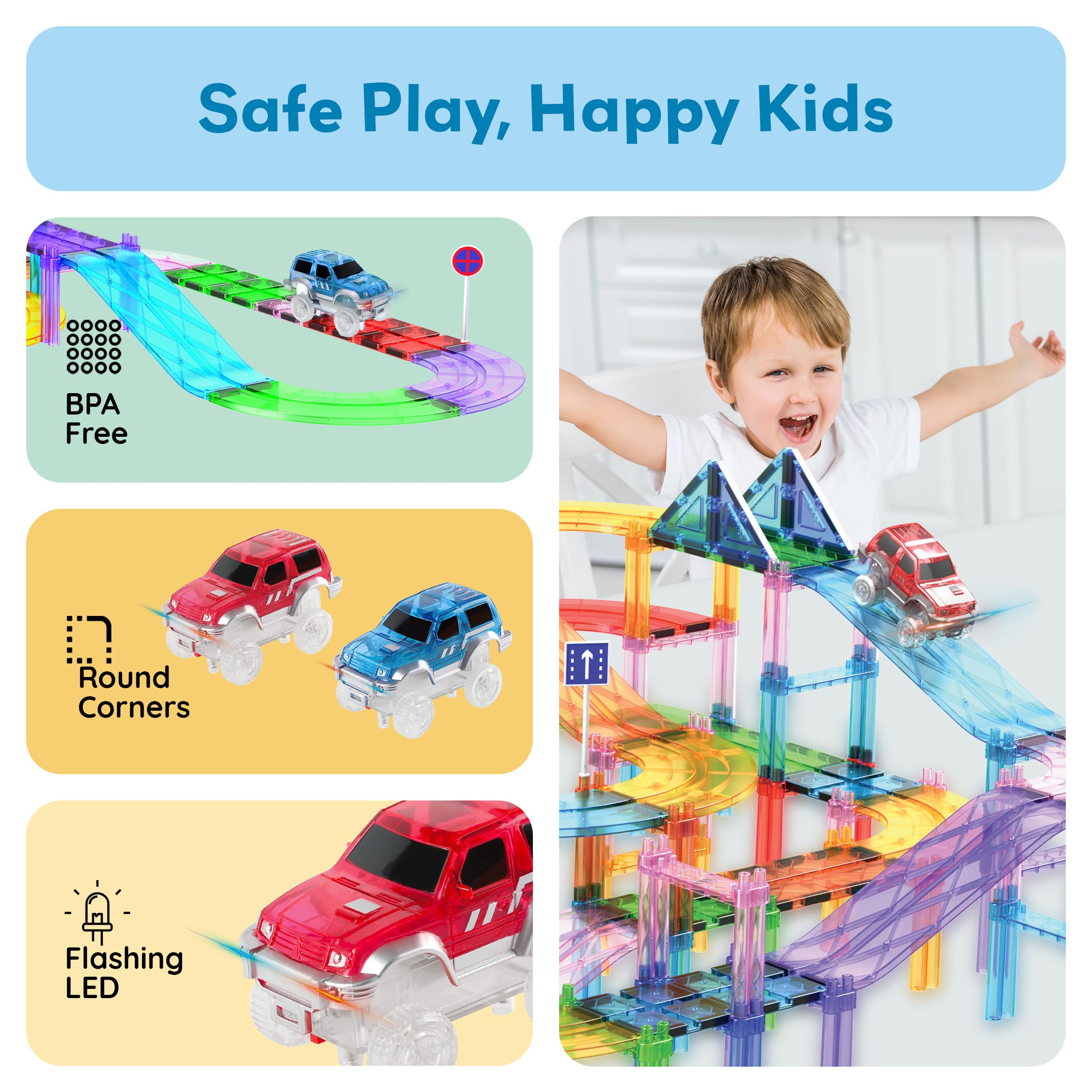PicassoTiles 2-Pack Magnetic Toy Cars with LED Lights – Compatible with Magnet Race Track Sets, STEM Building Toy for Kids Ages 3+