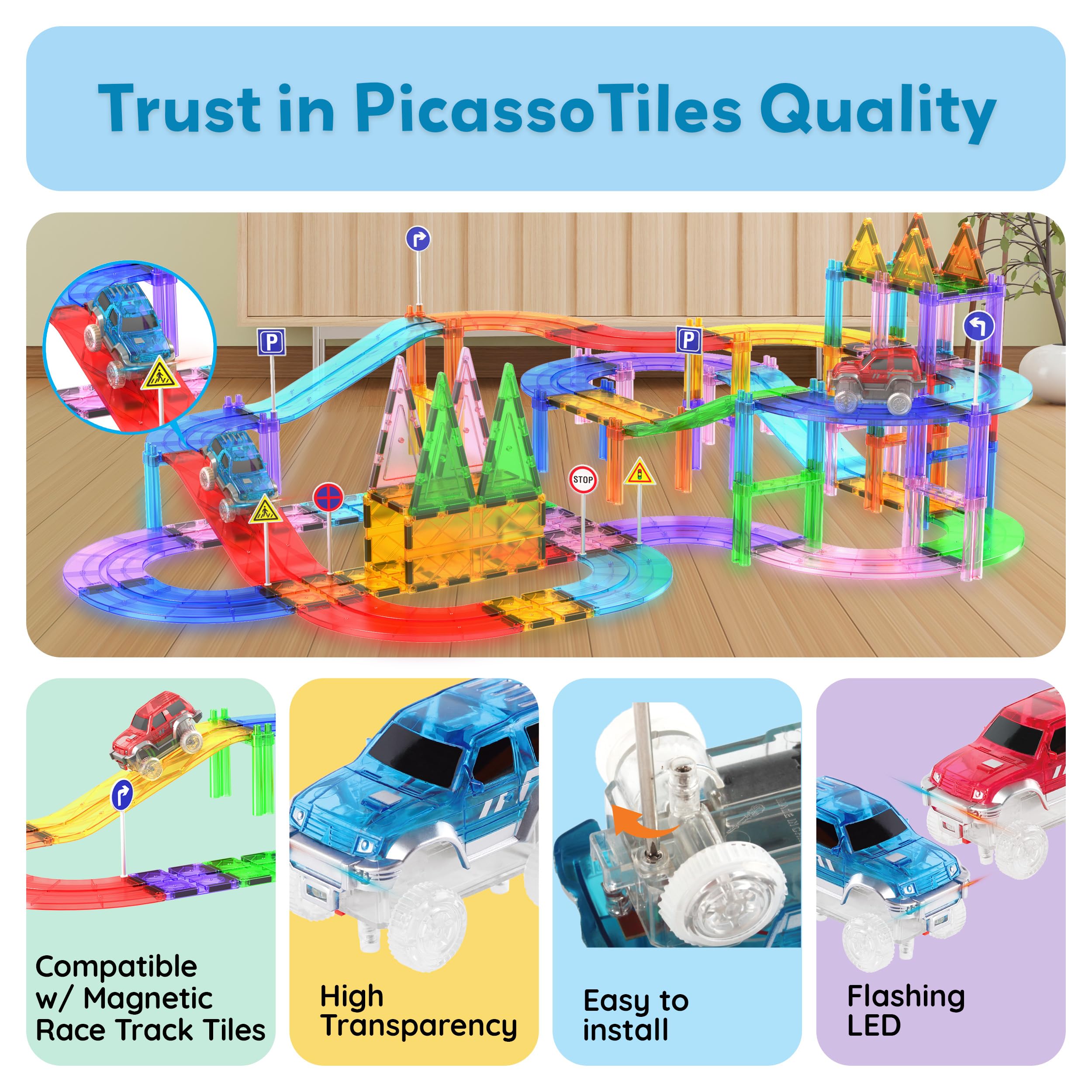 PicassoTiles 2-Pack Magnetic Toy Cars with LED Lights – Compatible with Magnet Race Track Sets, STEM Building Toy for Kids Ages 3+