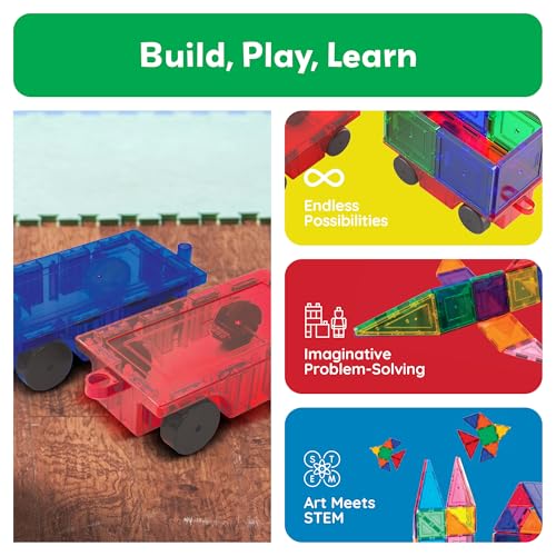 PicassoTiles 2 Piece Magnetic Car & Truck Construction Kit for Building Blocks