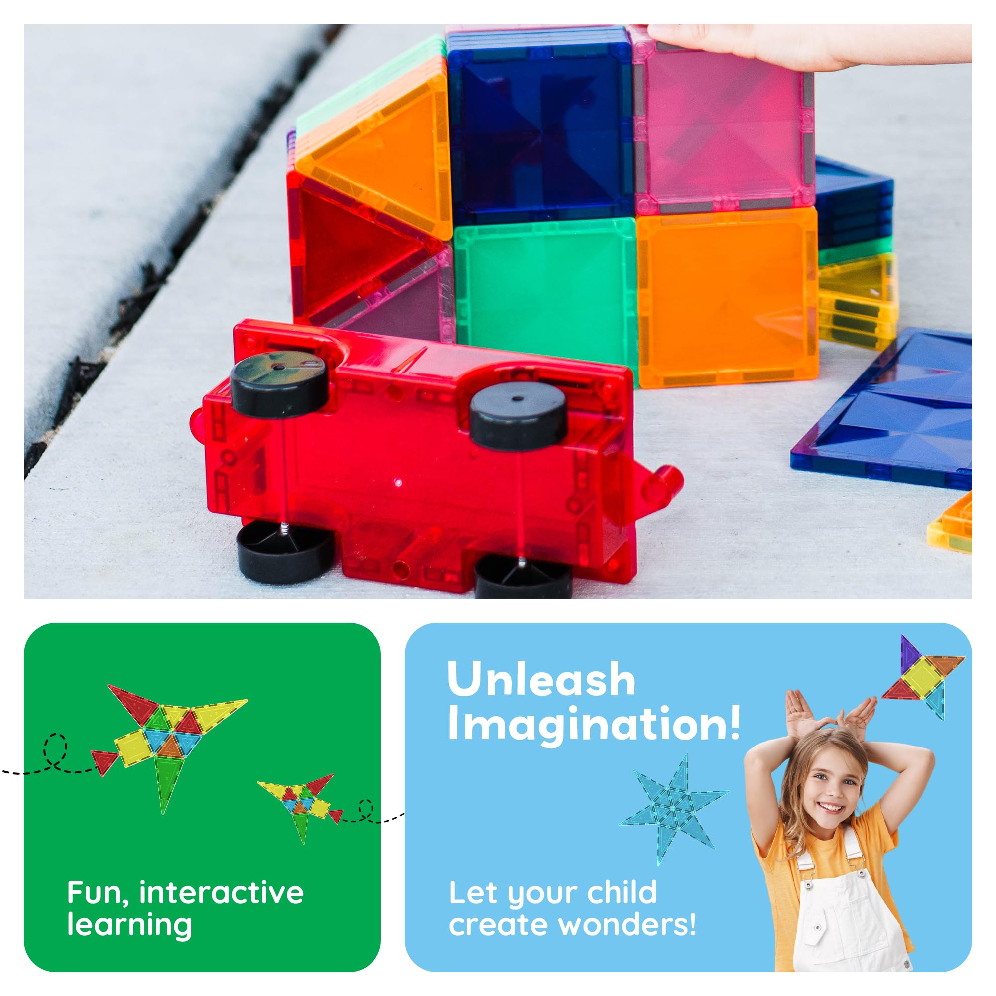 PicassoTiles 2 Piece Magnetic Car & Truck Construction Kit for Building Blocks