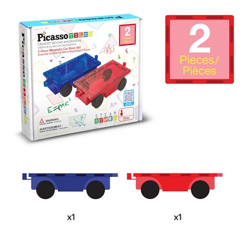 PicassoTiles 2 Piece Magnetic Car & Truck Construction Kit for Building Blocks