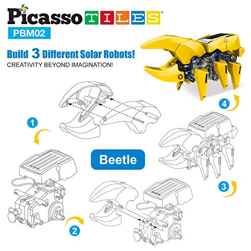 PicassoTiles 3-in-1 Solar Dinosaur Robot STEM Toy – Walking T-Rex, Insect & Tank – Ages 8+