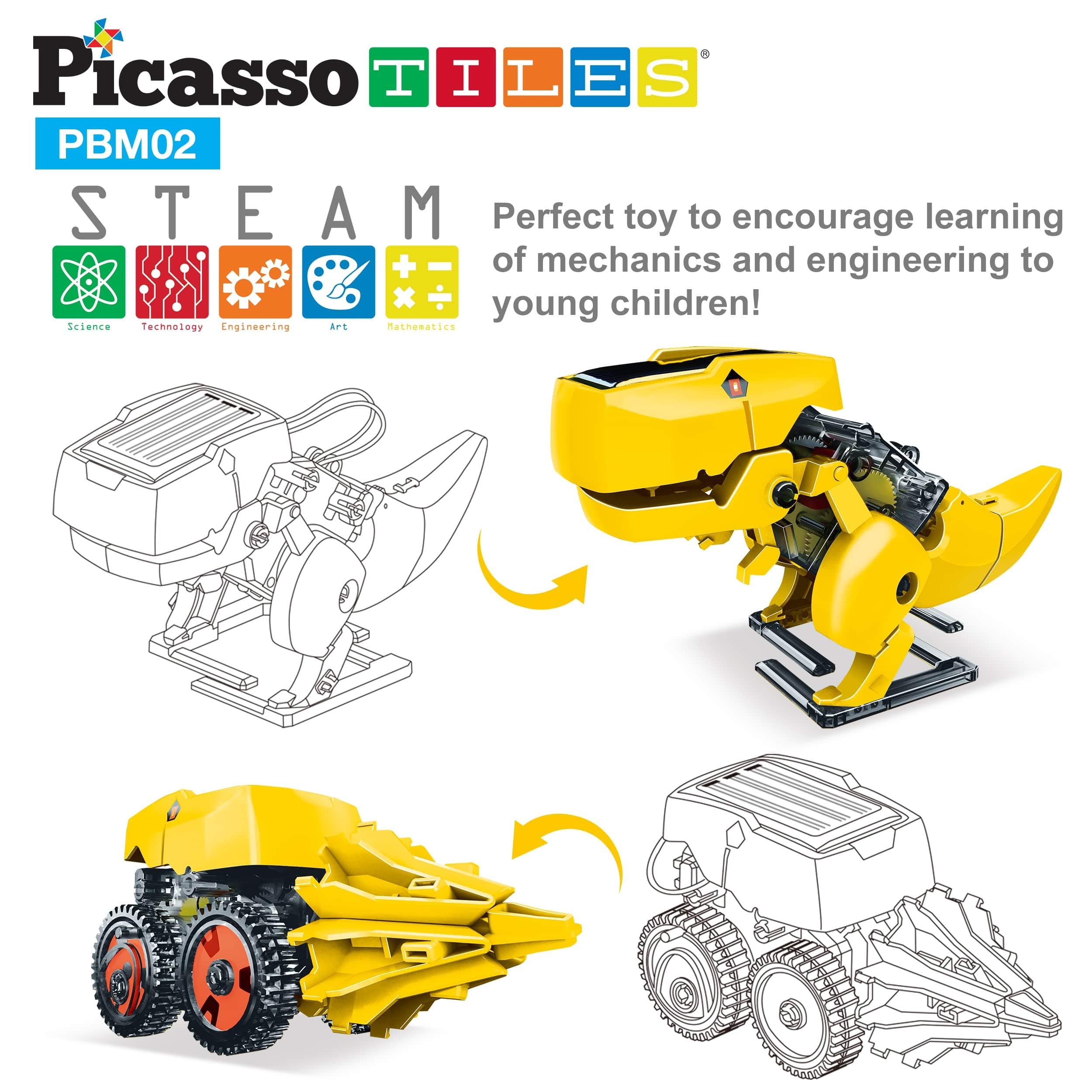 PicassoTiles 3-in-1 Solar Dinosaur Robot STEM Toy – Walking T-Rex, Insect & Tank – Ages 8+