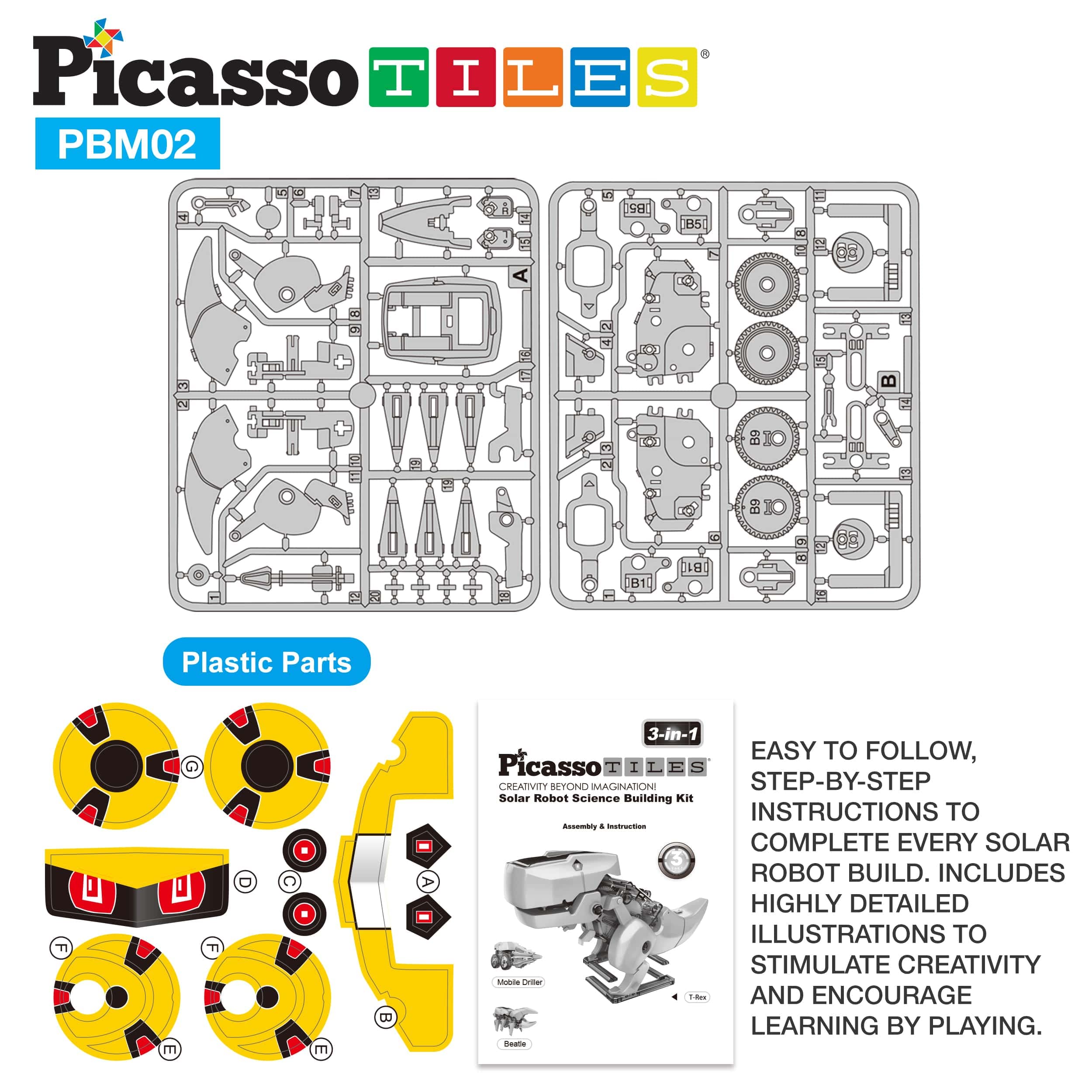 PicassoTiles 3-in-1 Solar Dinosaur Robot STEM Toy – Walking T-Rex, Insect & Tank – Ages 8+