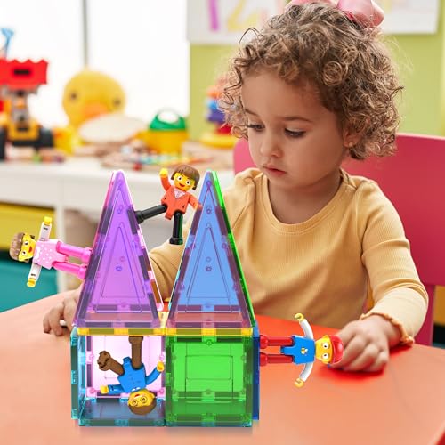 PicassoTiles 4-Pack Magnetic Family Figures - Dad, Mom, Boy & Girl Add-On Set for Magnetic Tile Building Blocks, STEM Toy for Ages 3+