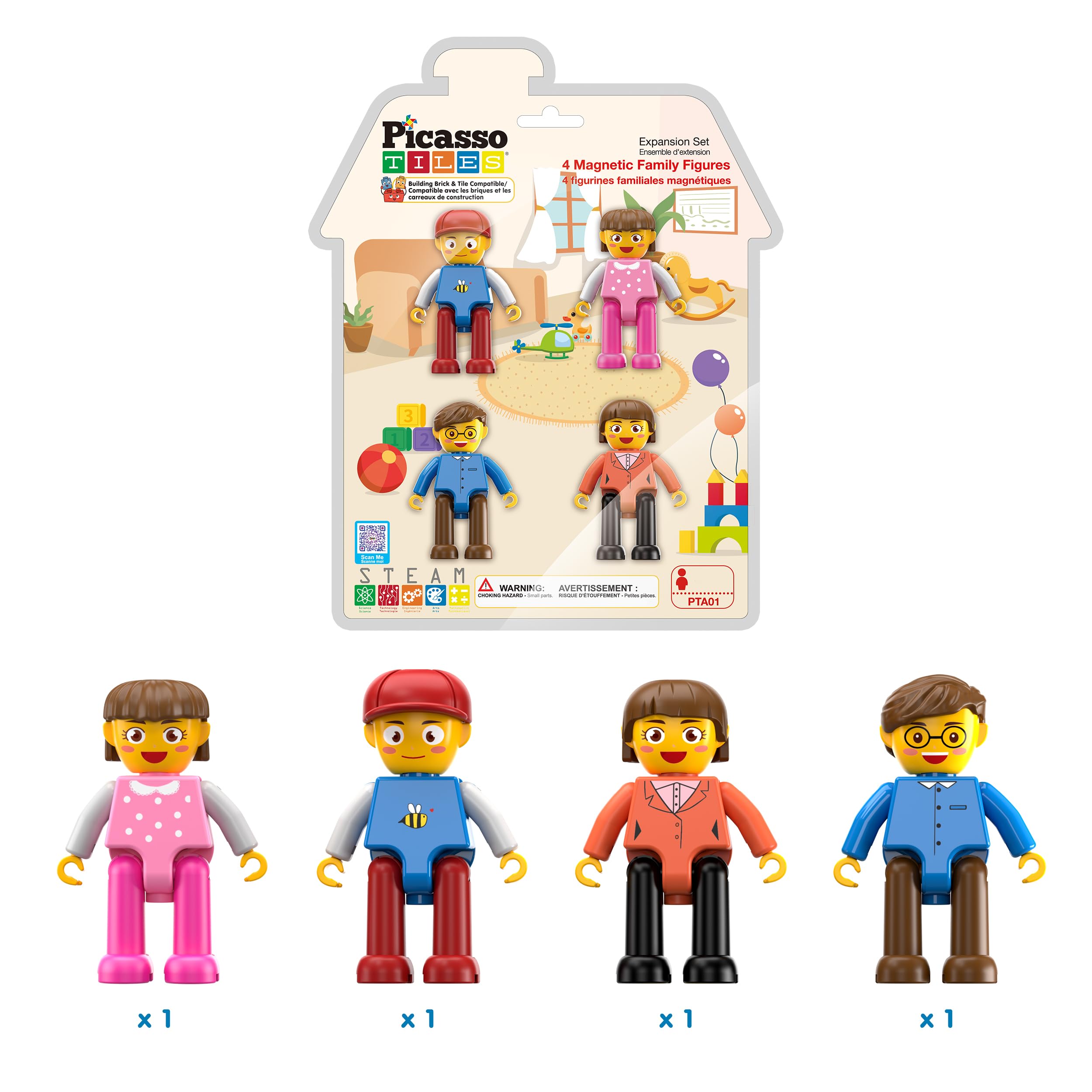 PicassoTiles 4-Pack Magnetic Family Figures - Dad, Mom, Boy & Girl Add-On Set for Magnetic Tile Building Blocks, STEM Toy for Ages 3+