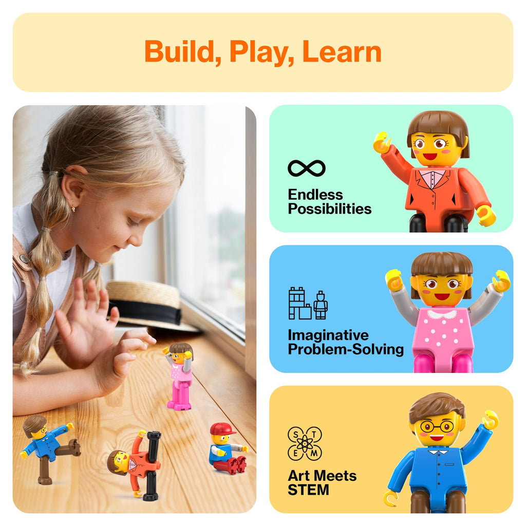 PicassoTiles 4-Pack Magnetic Family Figures - Dad, Mom, Boy & Girl Add-On Set for Magnetic Tile Building Blocks, STEM Toy for Ages 3+