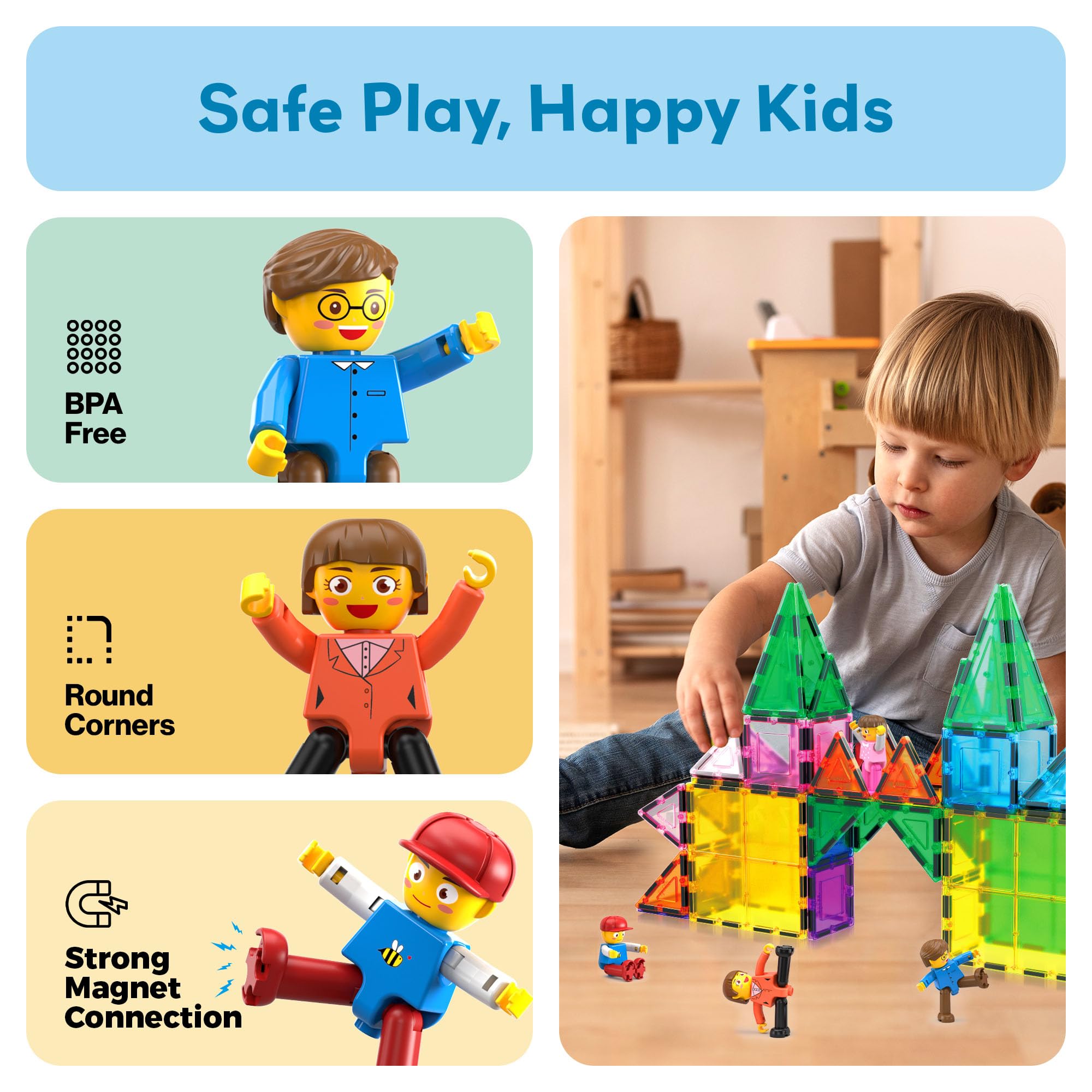 PicassoTiles 4-Pack Magnetic Family Figures - Dad, Mom, Boy & Girl Add-On Set for Magnetic Tile Building Blocks, STEM Toy for Ages 3+