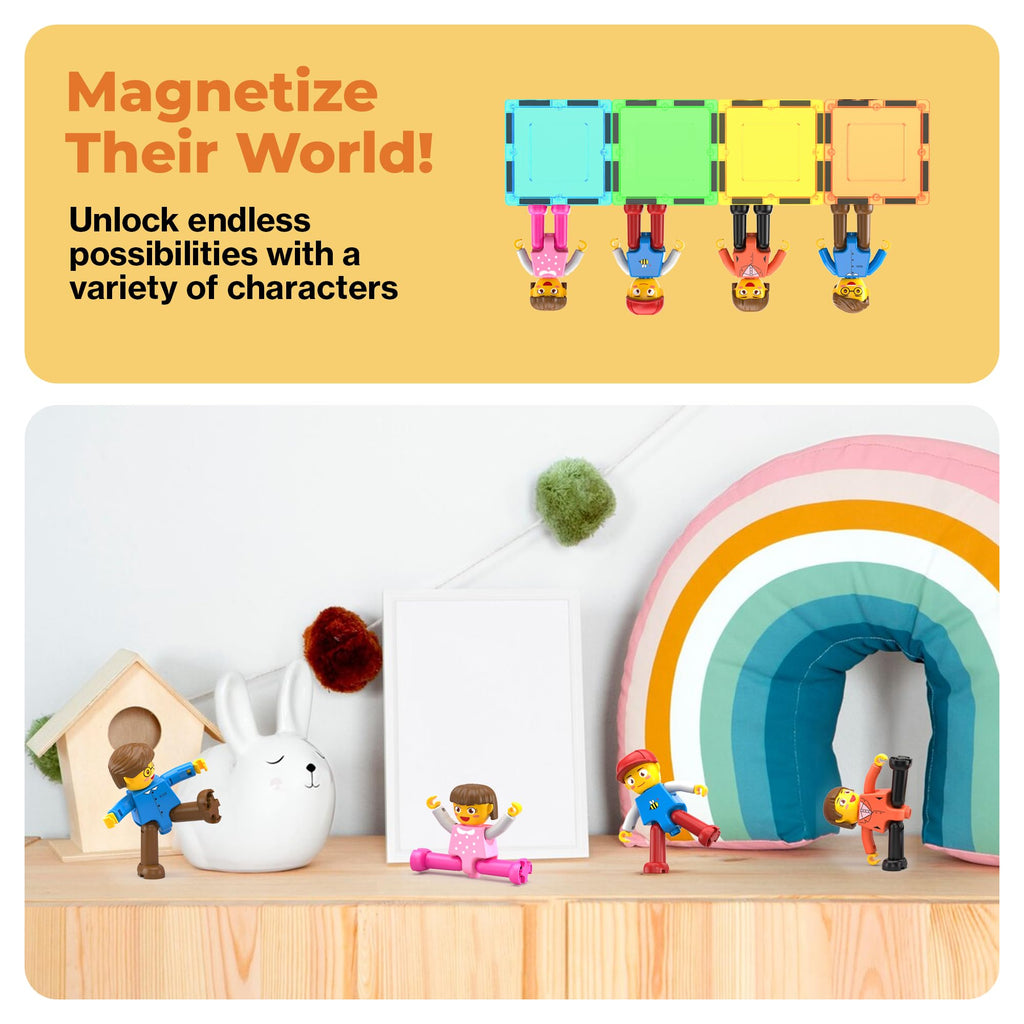 PicassoTiles 4-Pack Magnetic Family Figures - Dad, Mom, Boy & Girl Add-On Set for Magnetic Tile Building Blocks, STEM Toy for Ages 3+