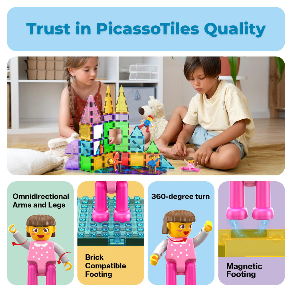 PicassoTiles 4-Pack Magnetic Family Figures - Dad, Mom, Boy & Girl Add-On Set for Magnetic Tile Building Blocks, STEM Toy for Ages 3+