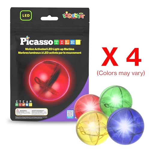 PicassoTiles 4-Pack Motion-Activated LED Marbles – Glow-in-the-Dark Translucent Balls for Marble Runs and Magnetic Tile Sets