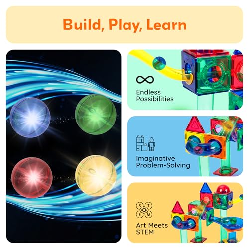 PicassoTiles 4-Pack Motion-Activated LED Marbles – Glow-in-the-Dark Translucent Balls for Marble Runs and Magnetic Tile Sets