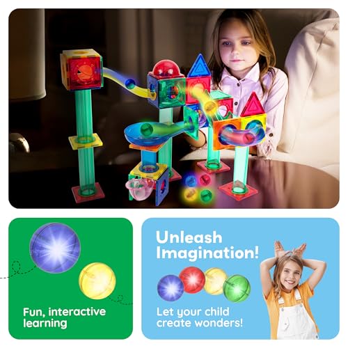 PicassoTiles 4-Pack Motion-Activated LED Marbles – Glow-in-the-Dark Translucent Balls for Marble Runs and Magnetic Tile Sets