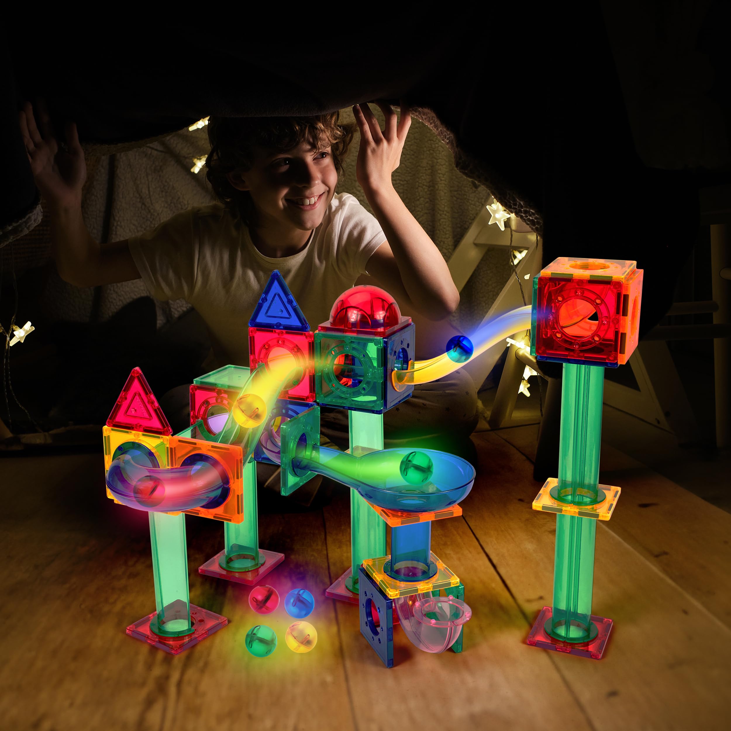 PicassoTiles 4-Pack Motion-Activated LED Marbles – Glow-in-the-Dark Translucent Balls for Marble Runs and Magnetic Tile Sets