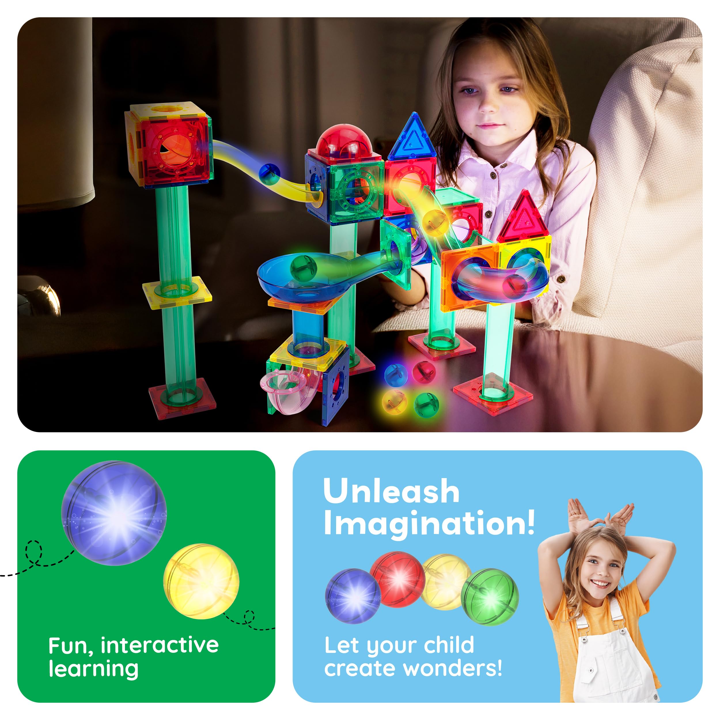 PicassoTiles 4-Pack Motion-Activated LED Marbles – Glow-in-the-Dark Translucent Balls for Marble Runs and Magnetic Tile Sets
