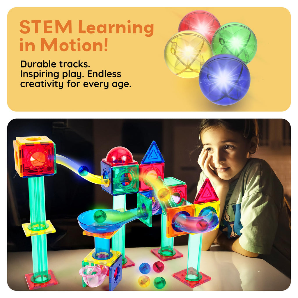 PicassoTiles 4-Pack Motion-Activated LED Marbles – Glow-in-the-Dark Translucent Balls for Marble Runs and Magnetic Tile Sets