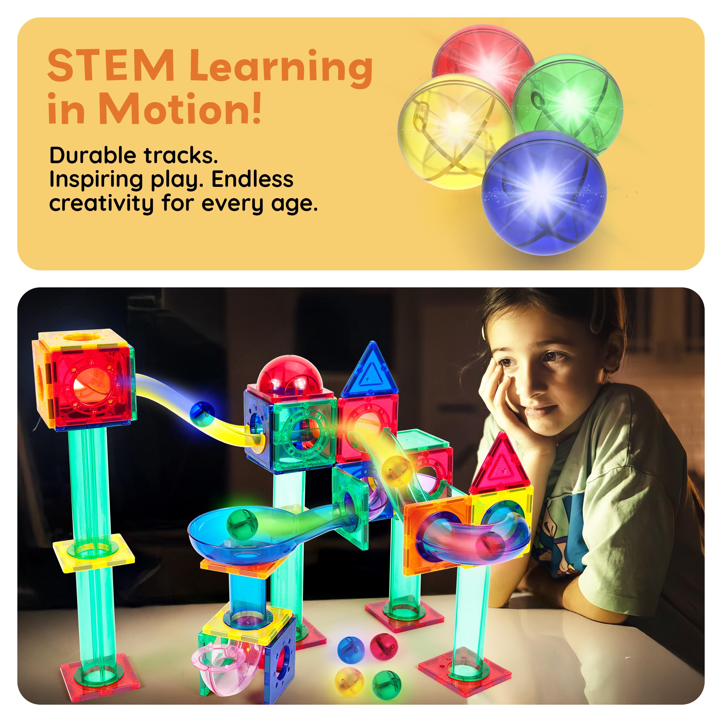 PicassoTiles 4-Pack Motion-Activated LED Marbles – Glow-in-the-Dark Translucent Balls for Marble Runs and Magnetic Tile Sets