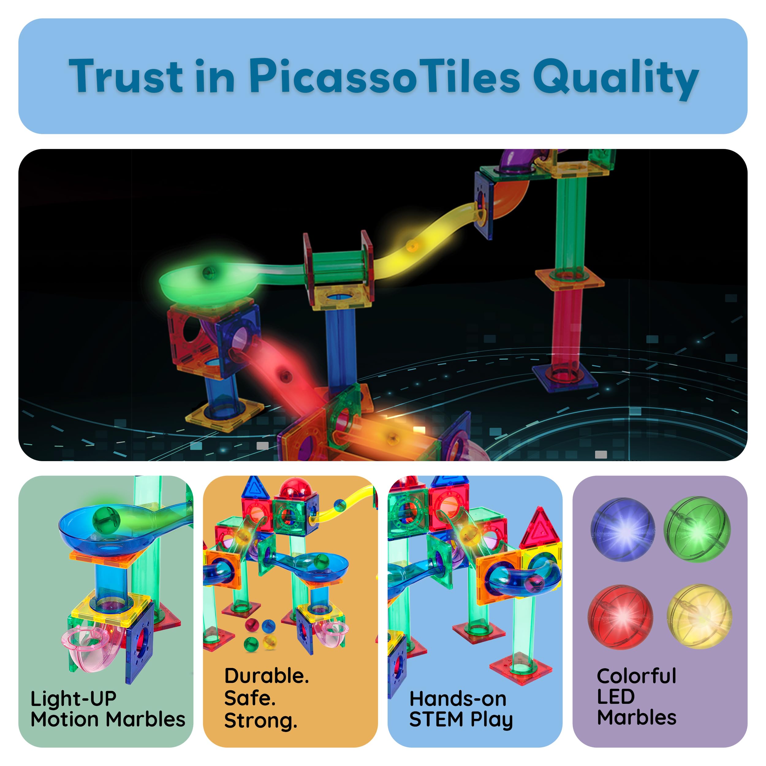 PicassoTiles 4-Pack Motion-Activated LED Marbles – Glow-in-the-Dark Translucent Balls for Marble Runs and Magnetic Tile Sets